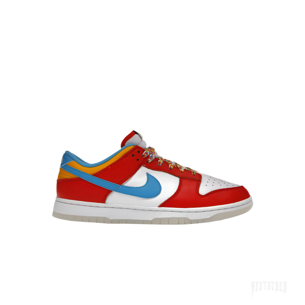 NIKE DUNK LOW QS LeBron James Fruity Pebbles sneaker with red, white, blue, and yellow accents, colorful laces.