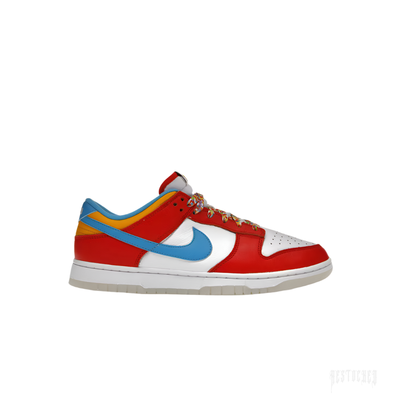 NIKE DUNK LOW QS LeBron James Fruity Pebbles sneaker with red, white, blue, and yellow accents, colorful laces.