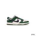 Women's Nike Dunk Low Retro sneakers in Gorge Green, Midnight Navy, and white leather.