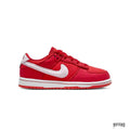 Red Nike Dunk Low Valentine's Day PS sneaker with white furry Swoosh and heel tab.