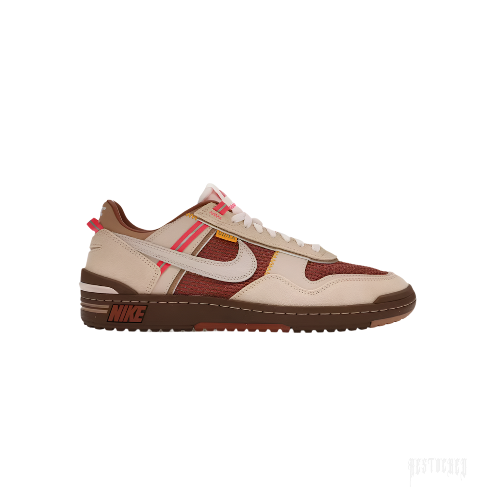 Nike Field General Union LA Shimmer sneaker, beige leather and red mesh, brown sole, red stripe details.