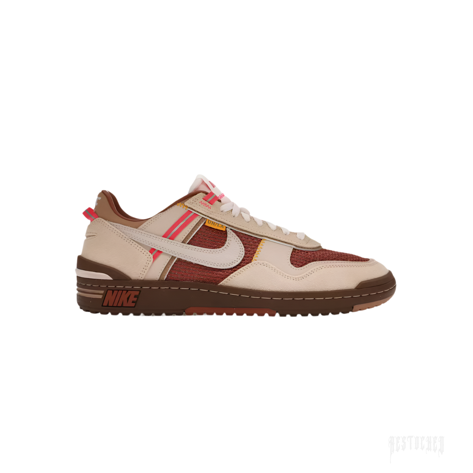 Nike Field General Union LA Shimmer sneaker, beige leather and red mesh, brown sole, red stripe details.