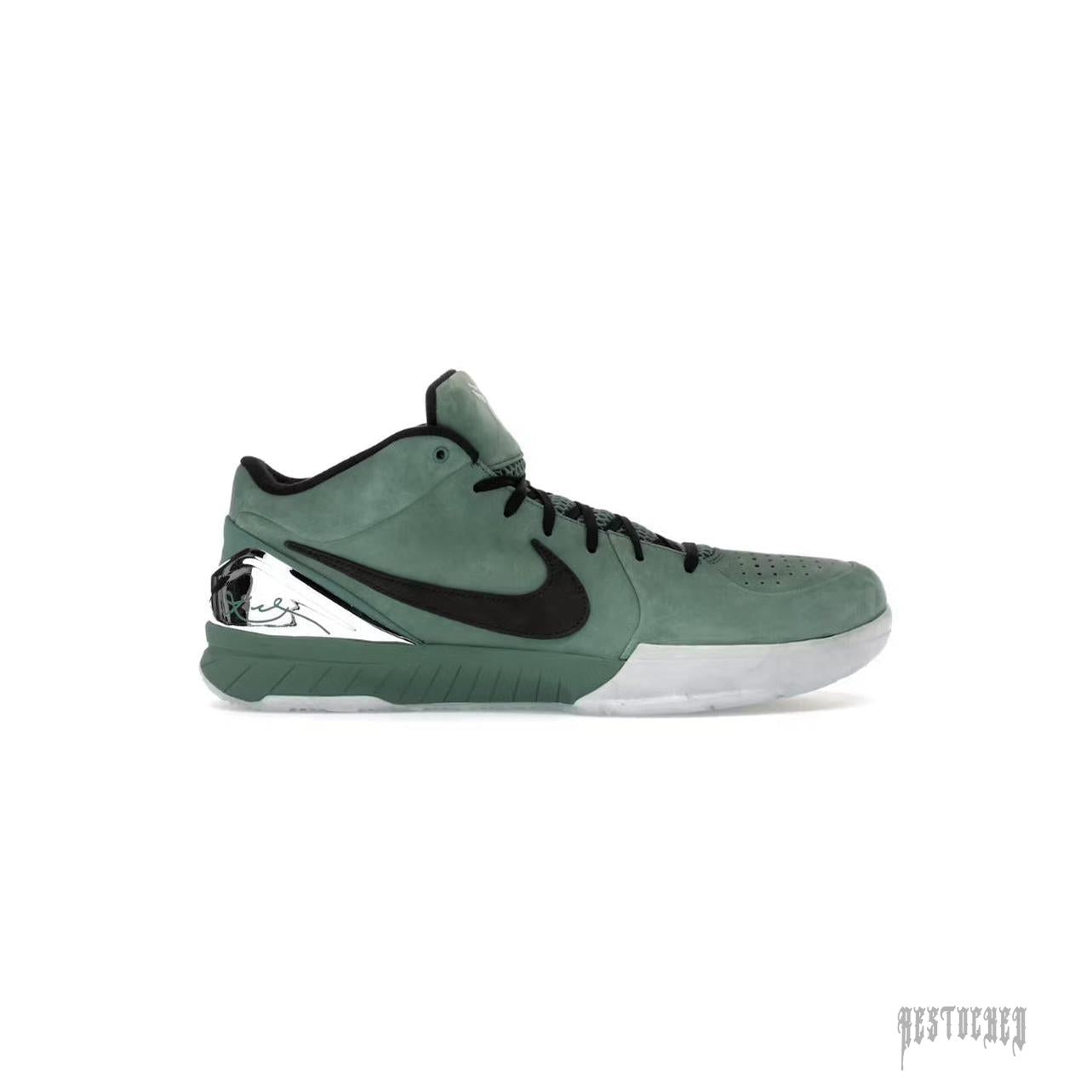 NIKE KOBE 4 PROTRO GIRL DAD sneaker in muted green with black swoosh and white sole.
