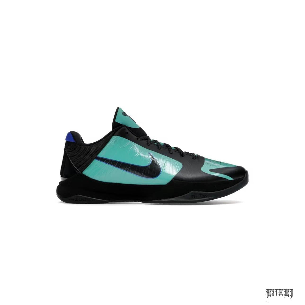 NIKE KOBE 5 PROTO EYBL ACADEMY PE sneaker, black and teal with blue accents.
