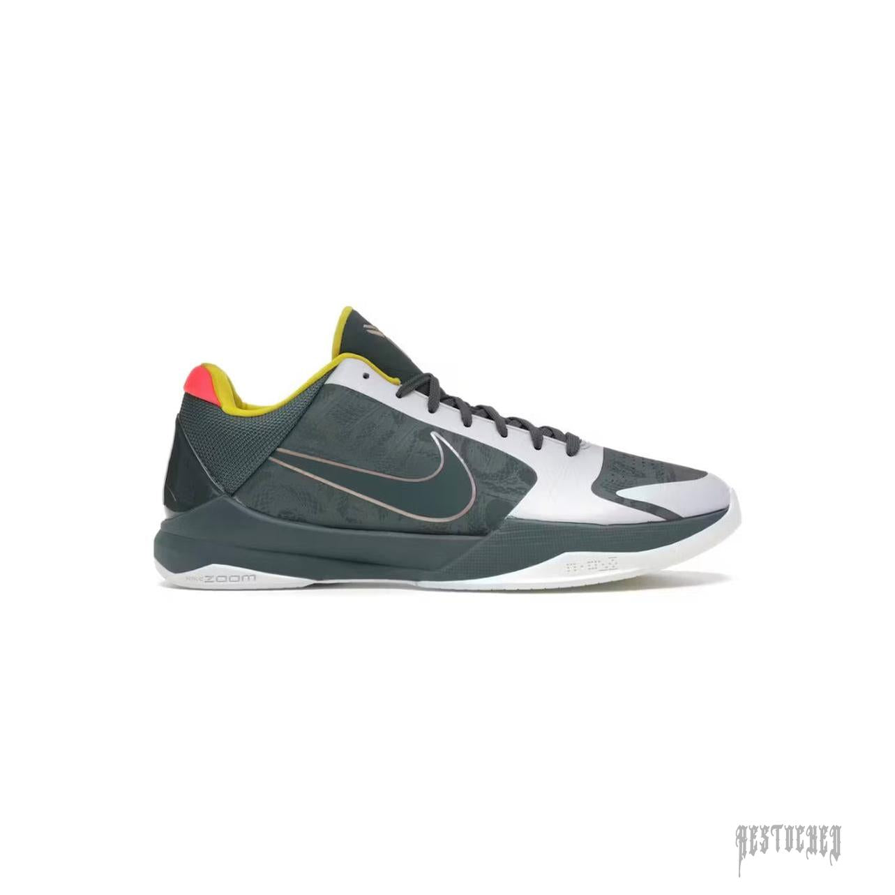 Nike Kobe 5 Protro EYBL (2020) sneaker in dark green, silver, and neon yellow with a pink heel tab.
