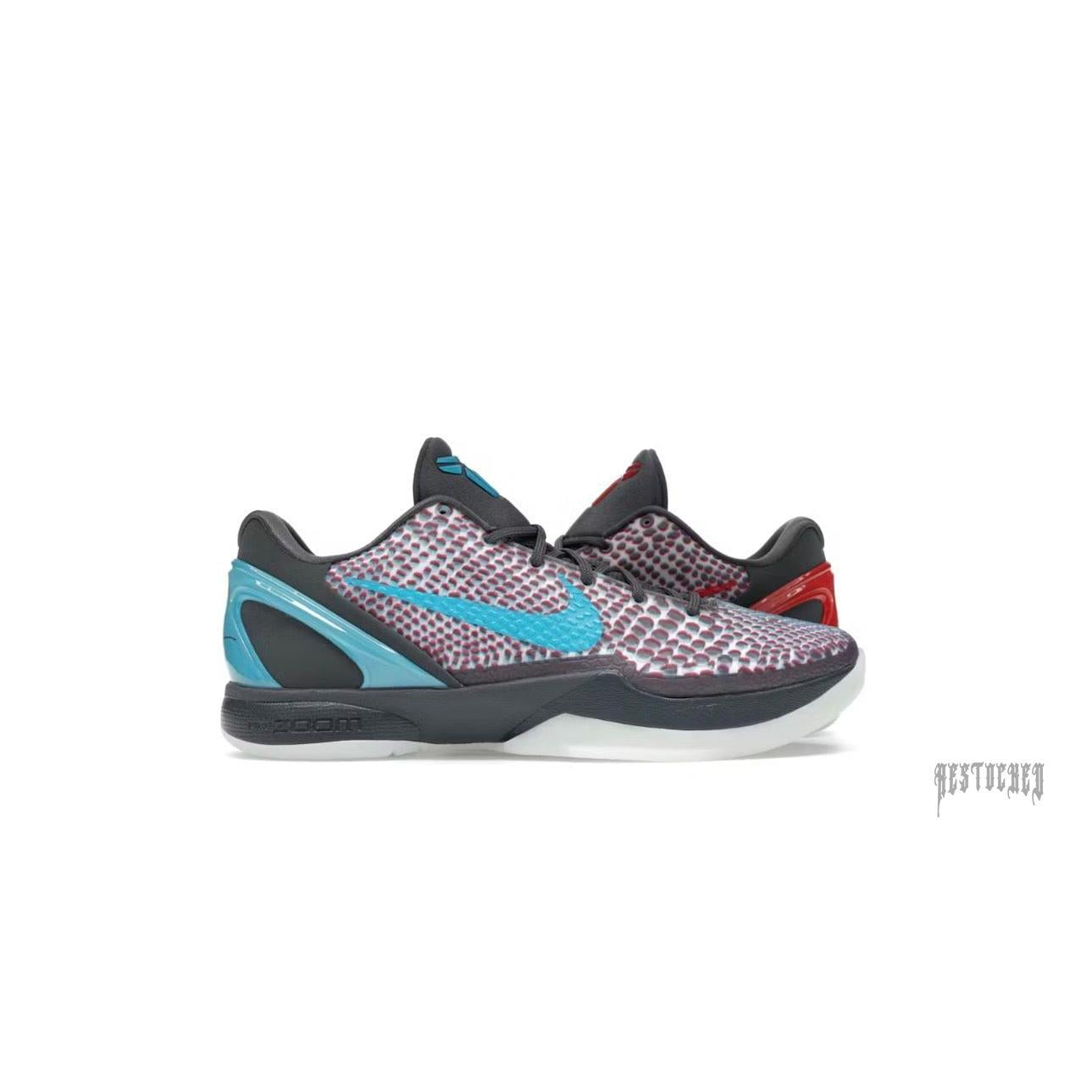 NIKE KOBE 6 PROTO ASG HOLLYWOOD 3D sneakers with red/white scale pattern, blue swoosh, and black accents.