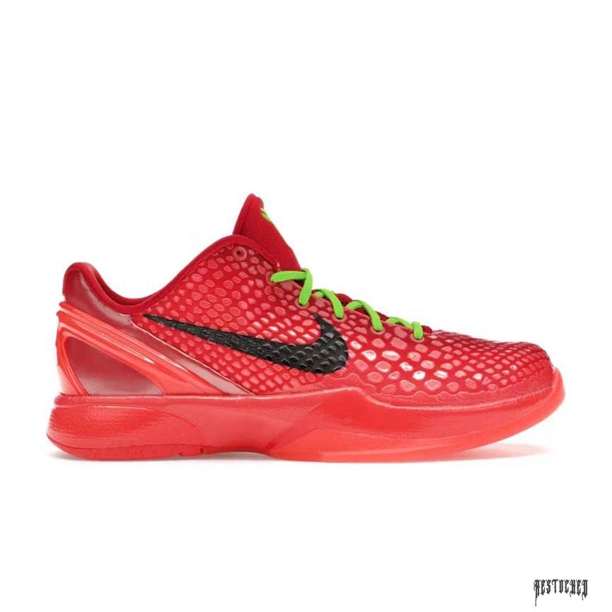 NIKE KOBE 6 PROTO REVERSE GRINCH (GS) red basketball shoe with black swoosh and green laces.