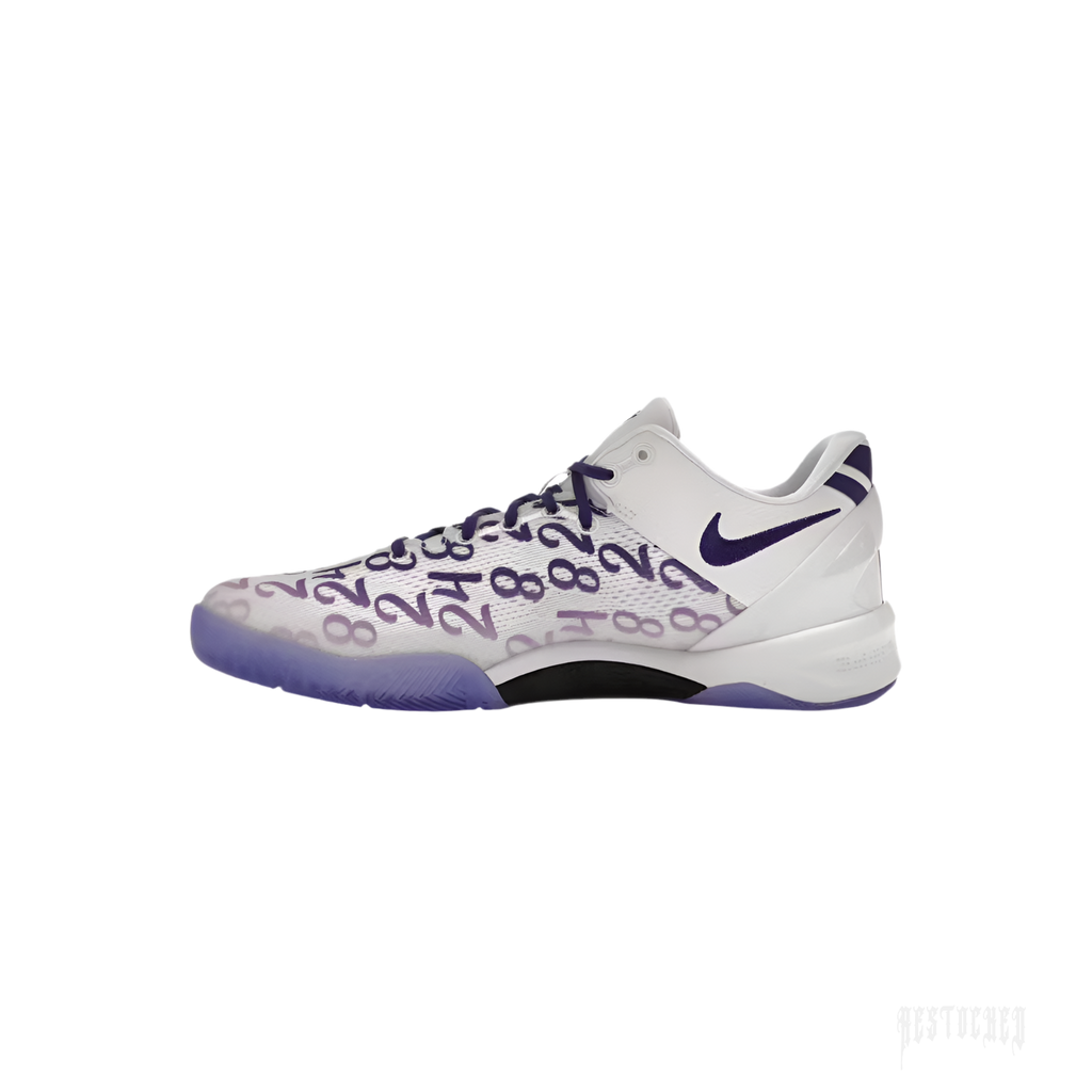 NIKE KOBE 8 PROTO COURT PURPLE (GS) white sneaker with purple numbers, laces, and swoosh.