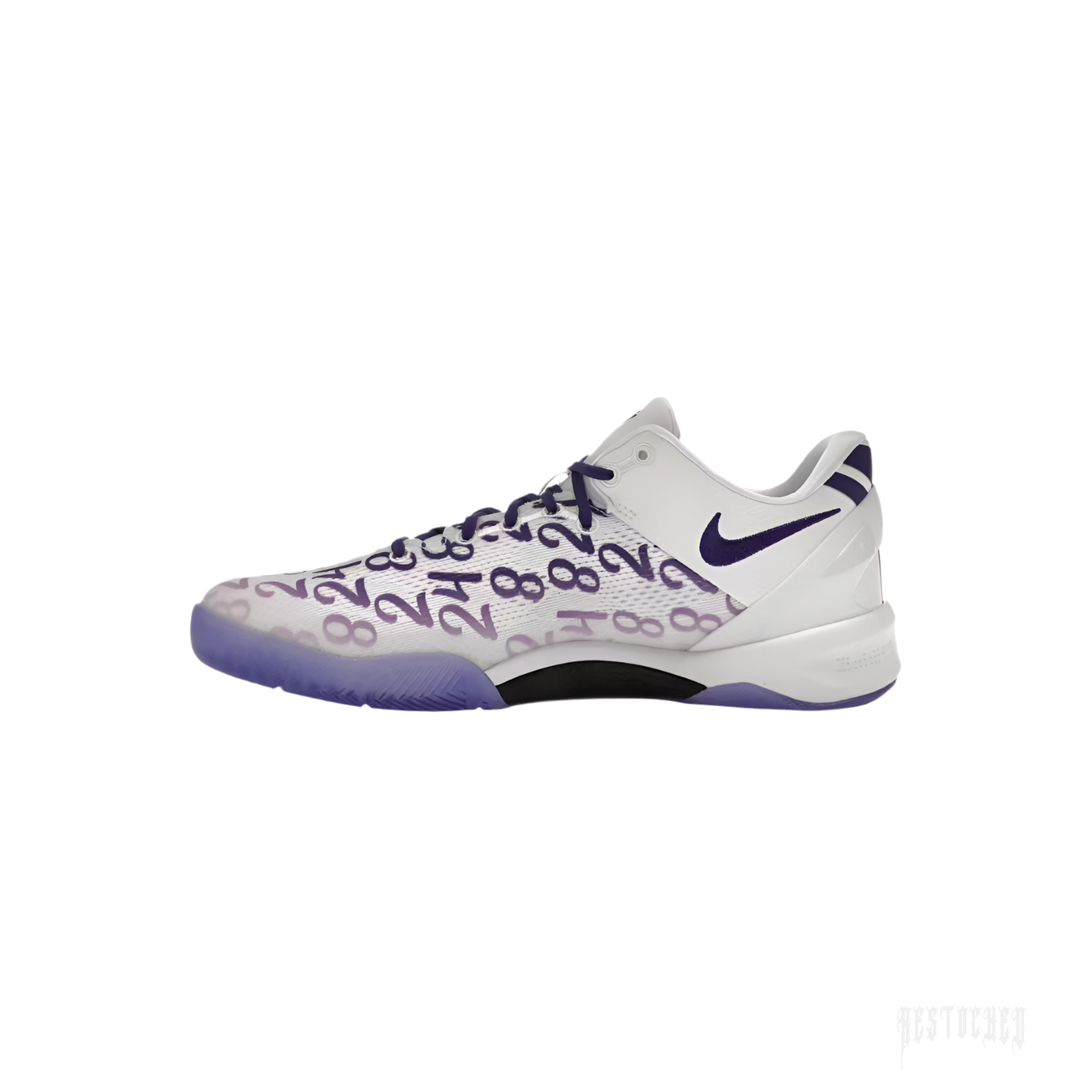 NIKE KOBE 8 PROTO COURT PURPLE (GS) white sneaker with purple numbers, laces, and swoosh.