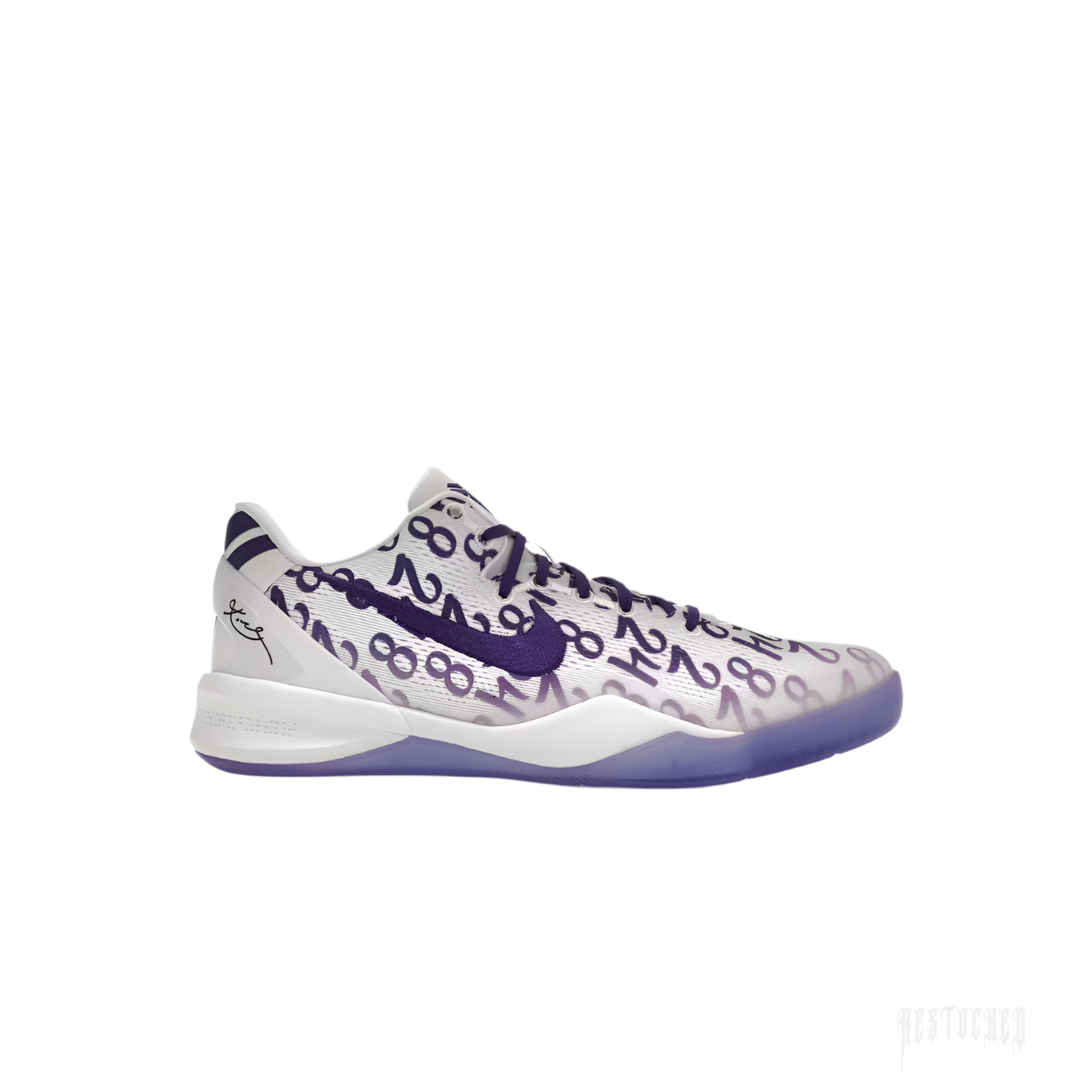 NIKE KOBE 8 PROTO COURT PURPLE (GS) sneaker, white with purple numbers and Swoosh, low-cut design.