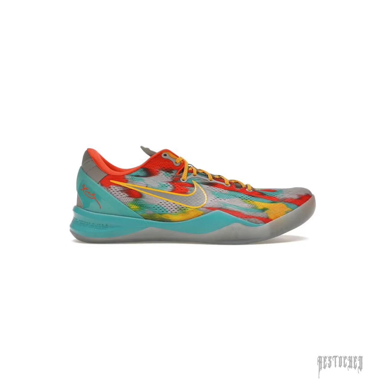 NIKE KOBE 8 PROTRO VENICE BEACH sneaker with vibrant red, yellow, blue, and teal mesh upper, grey sole.
