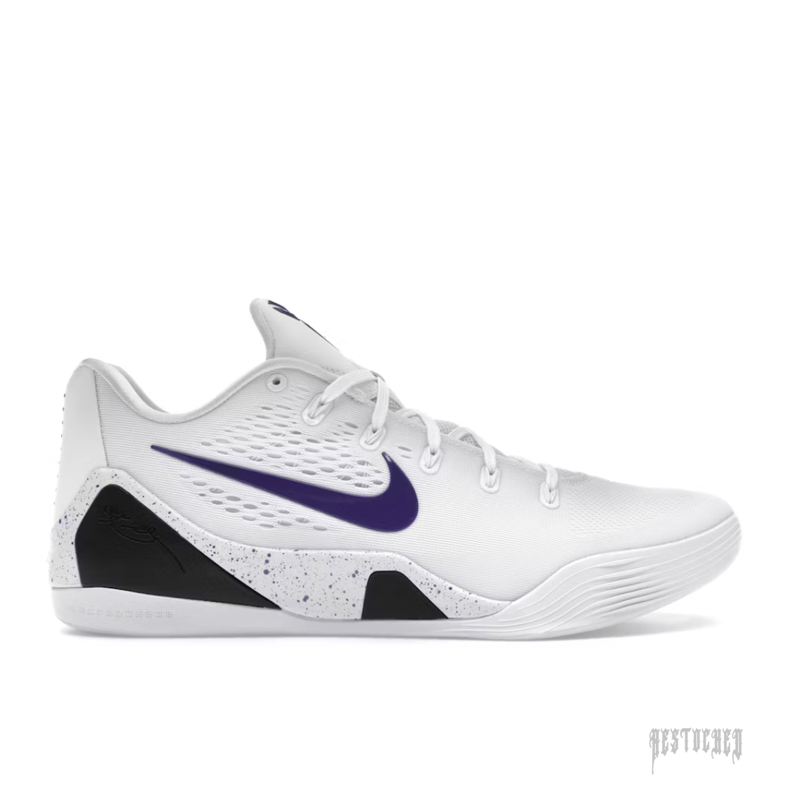 NIKE KOBE 9 ELITE LOW EM PROTO in white with purple swoosh and speckled black heel.