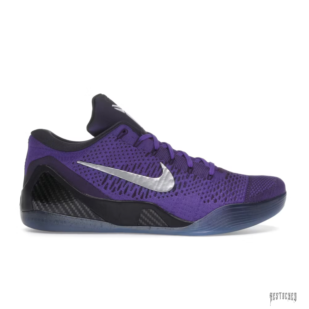 NIKE KOBE 9 ELITE LOW PROTO in vibrant purple Flyknit with black carbon fiber accents and a metallic silver Swoosh.