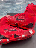 Pre-owned red Nike Kobe Elite 9 Proto Christmas sneakers, size 9, with white knit accents and black Swoosh.
