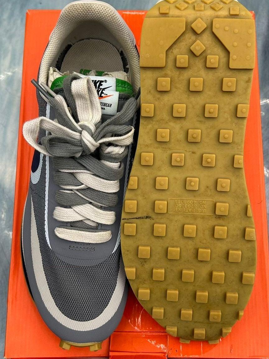 NIKE LD WAFFLE SACAI CLOT KISS OF DEAD 2 COOL GREY PRE OWNED SIZE 9 sneaker, top and sole view.