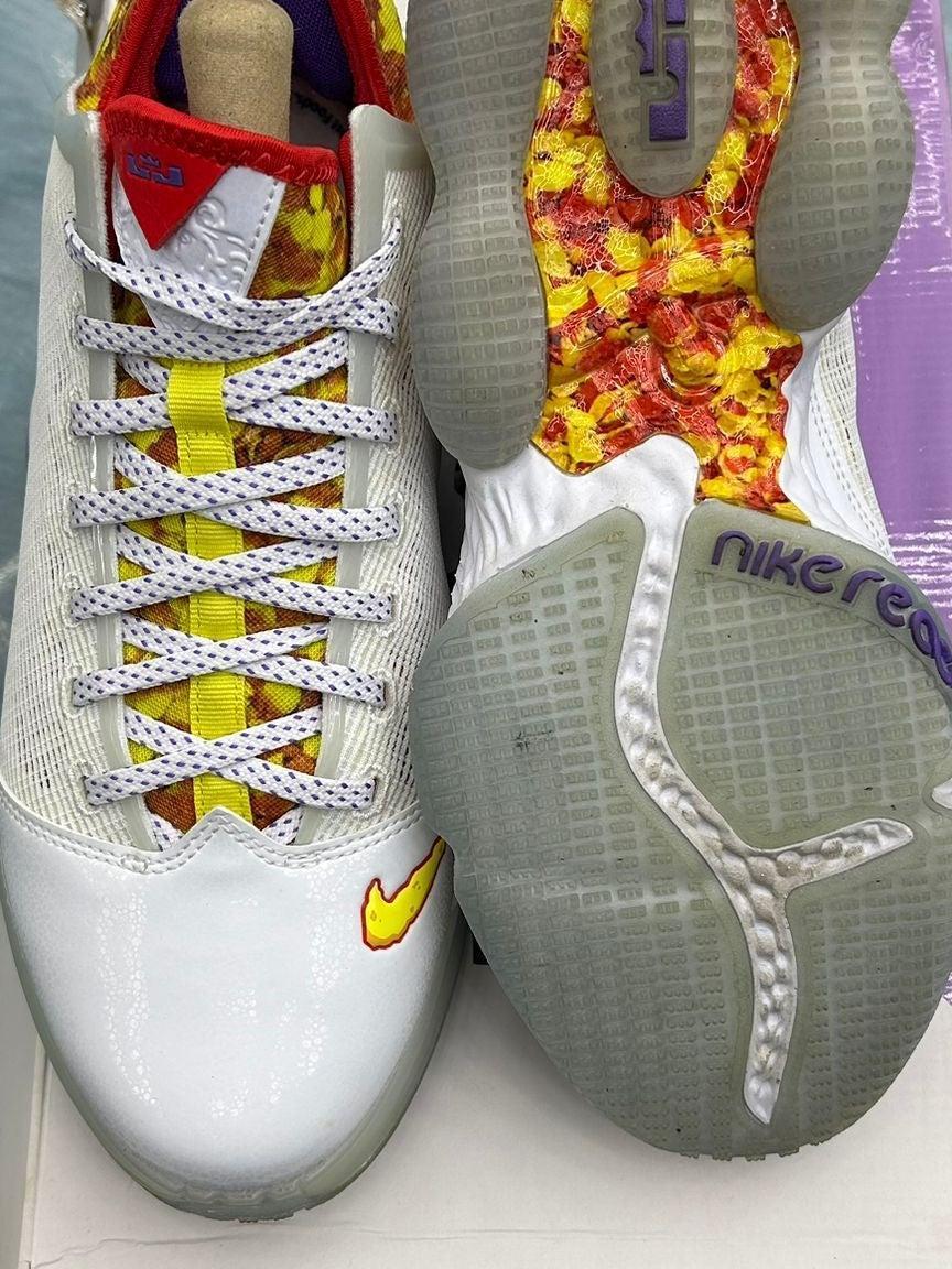 Pre-owned Nike LeBron 19 Low Magic Fruity Pebbles, white with yellow and red accents, size 9.5.