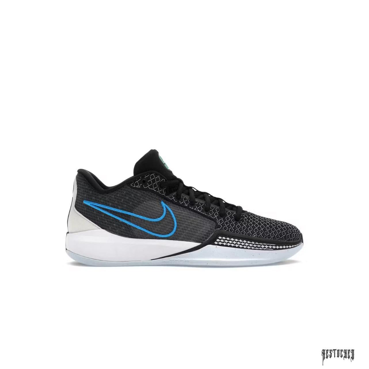 NIKE SABRINA 1 FAMILY BONDS women's shoe: black mesh upper, blue swoosh, white midsole, light blue outsole.
