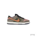 NIKE SB DUNK LOW ARTS-REC sneaker with leopard print, pink toe, olive green panels, and orange swoosh.