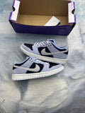 NIKE SB DUNK LOW BLACK ALUMINUM PRE OWNED SIZE 7.5, black and light blue suede, white laces, with box.