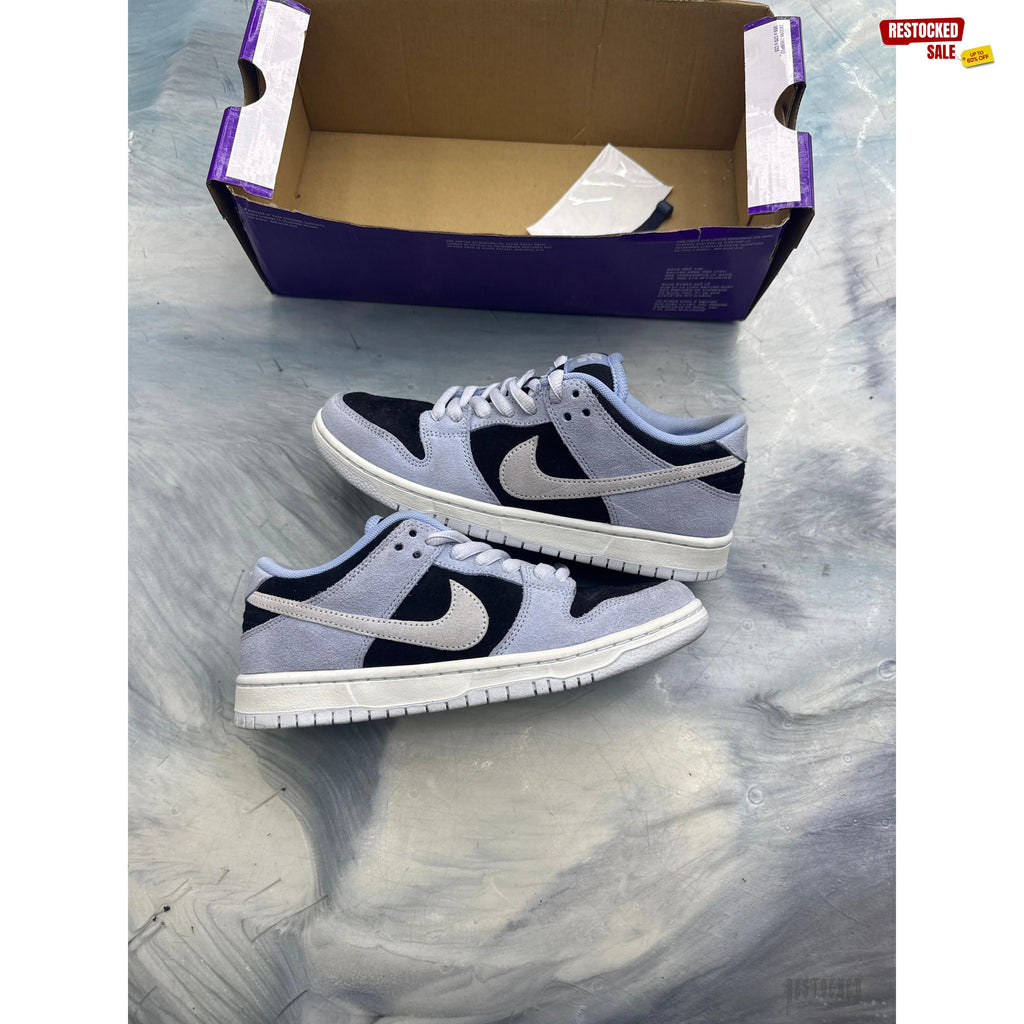 NIKE SB DUNK LOW BLACK ALUMINUM PRE OWNED SIZE 7.5, black and light blue suede, white laces, with box.