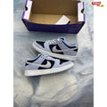 NIKE SB DUNK LOW BLACK ALUMINUM PRE OWNED SIZE 7.5, black and light blue suede, white laces, with box.