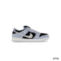 NIKE SB DUNK LOW BLACK ALUMINUM sneaker with black suede and light blue overlays, silver swoosh.