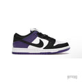 NIKE SB DUNK LOW COURT PURPLE sneaker, white leather base with black and purple accents.