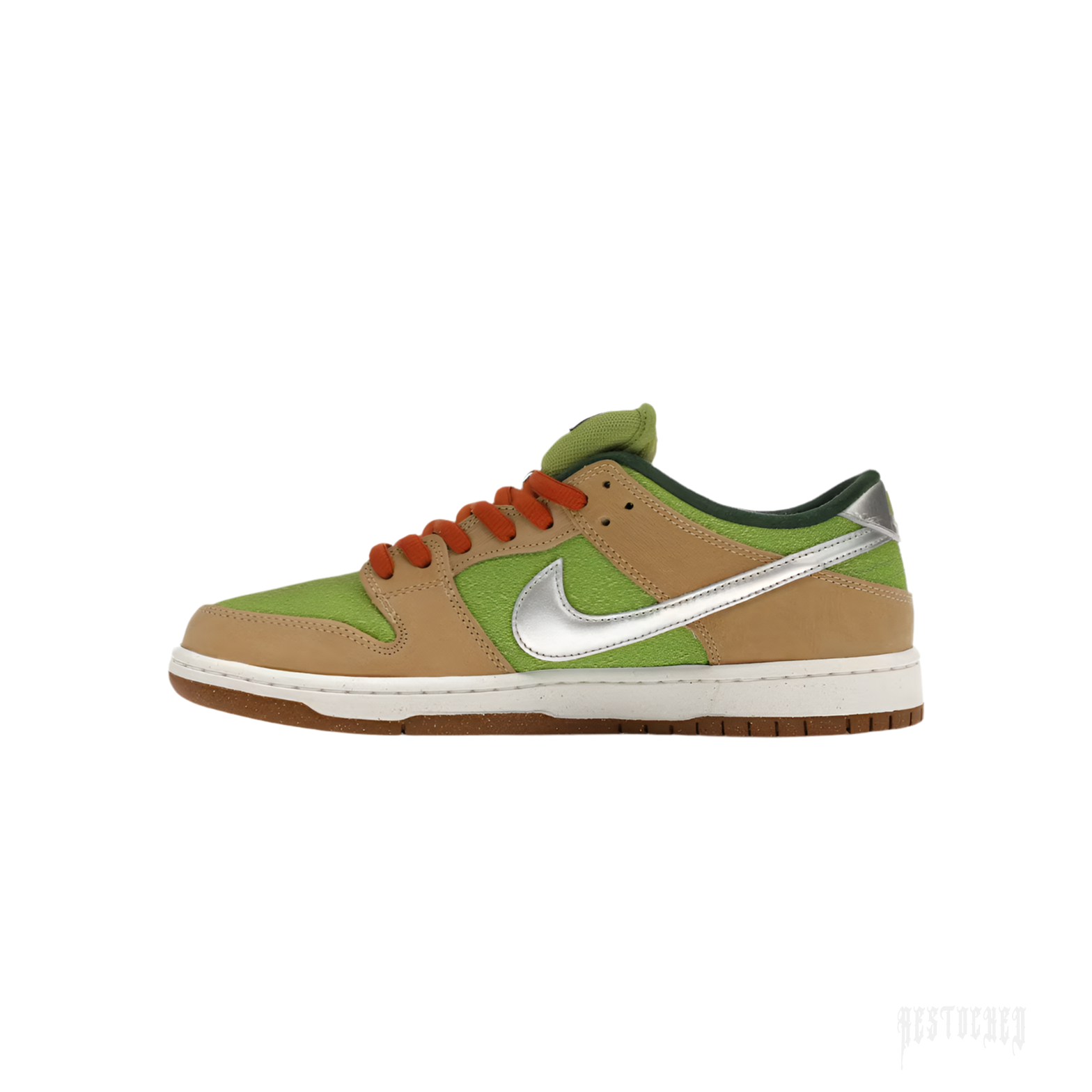 NIKE SB DUNK LOW ESCARGOT sneaker with tan leather, light green suede, metallic silver swoosh, and orange laces.