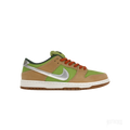NIKE SB DUNK LOW ESCARGOT sneaker with tan leather, green suede, silver swoosh, and orange laces.