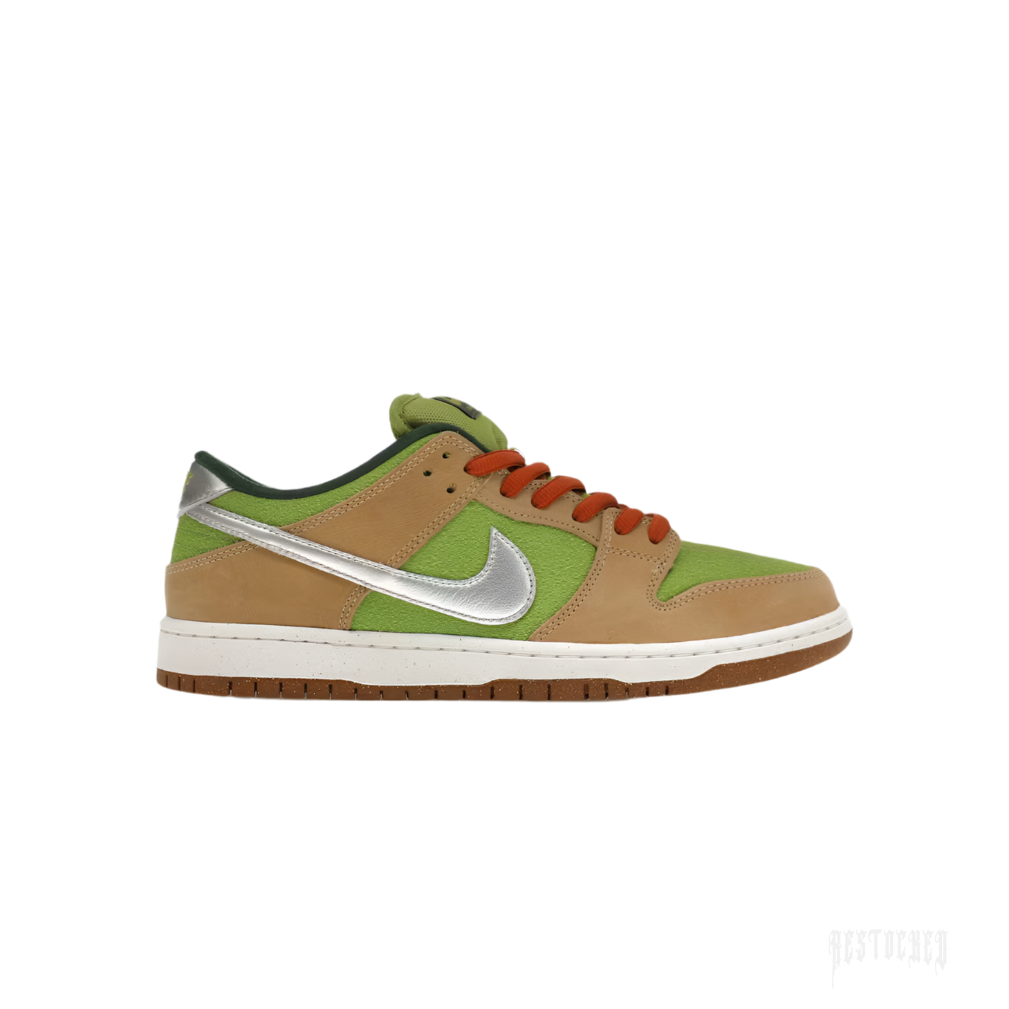 NIKE SB DUNK LOW ESCARGOT sneaker with tan leather, green suede, silver swoosh, and orange laces.