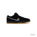Black suede Nike SB Dunk Low "Fog" sneaker with a grey swoosh and gum sole.