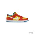 Nike SB Dunk Low Pro "Bart Simpson" sneaker in red, yellow, and white with blue accents.