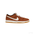 NIKE SB DUNK LOW PRO DARK RUSSET sneaker with brown suede, white leather swoosh, and gum sole.