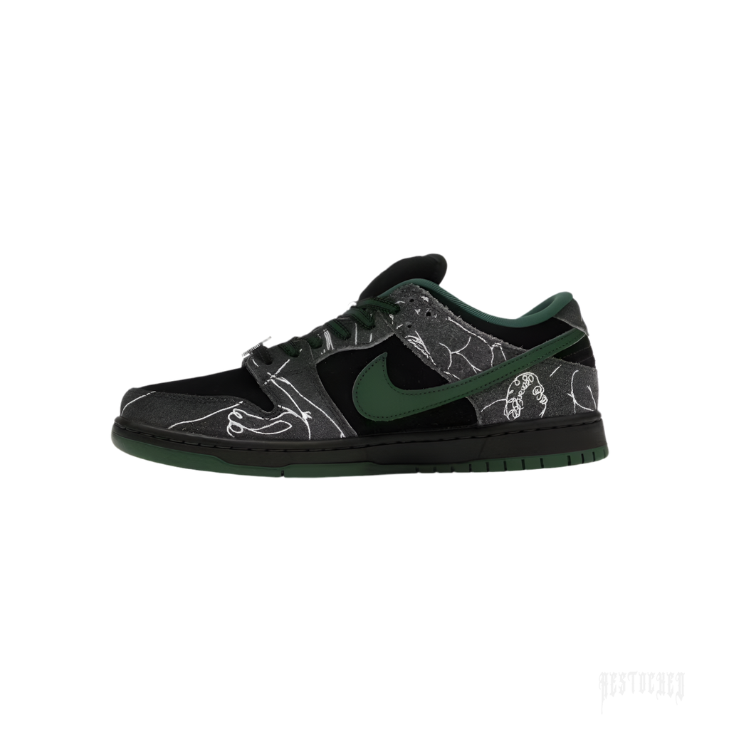 NIKE SB DUNK LOW THERE SKATEBOARDS in black suede and dark grey denim with white graphic overlays and green accents.