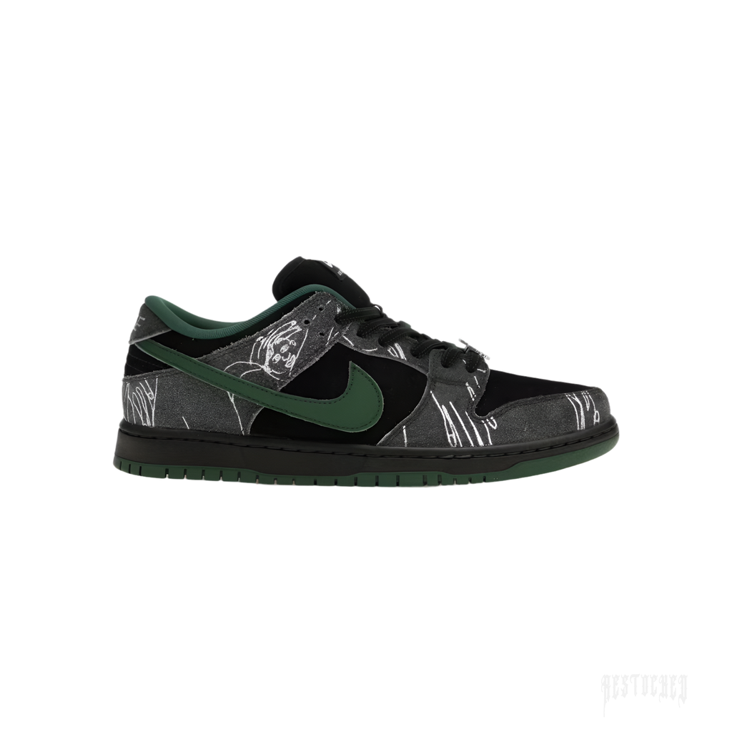 NIKE SB Dunk Low There Skateboards with black suede, dark grey denim, green swoosh, and white graphic details.