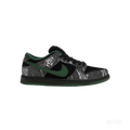 NIKE SB Dunk Low There Skateboards with black suede, dark grey denim, green swoosh, and white graphic details.