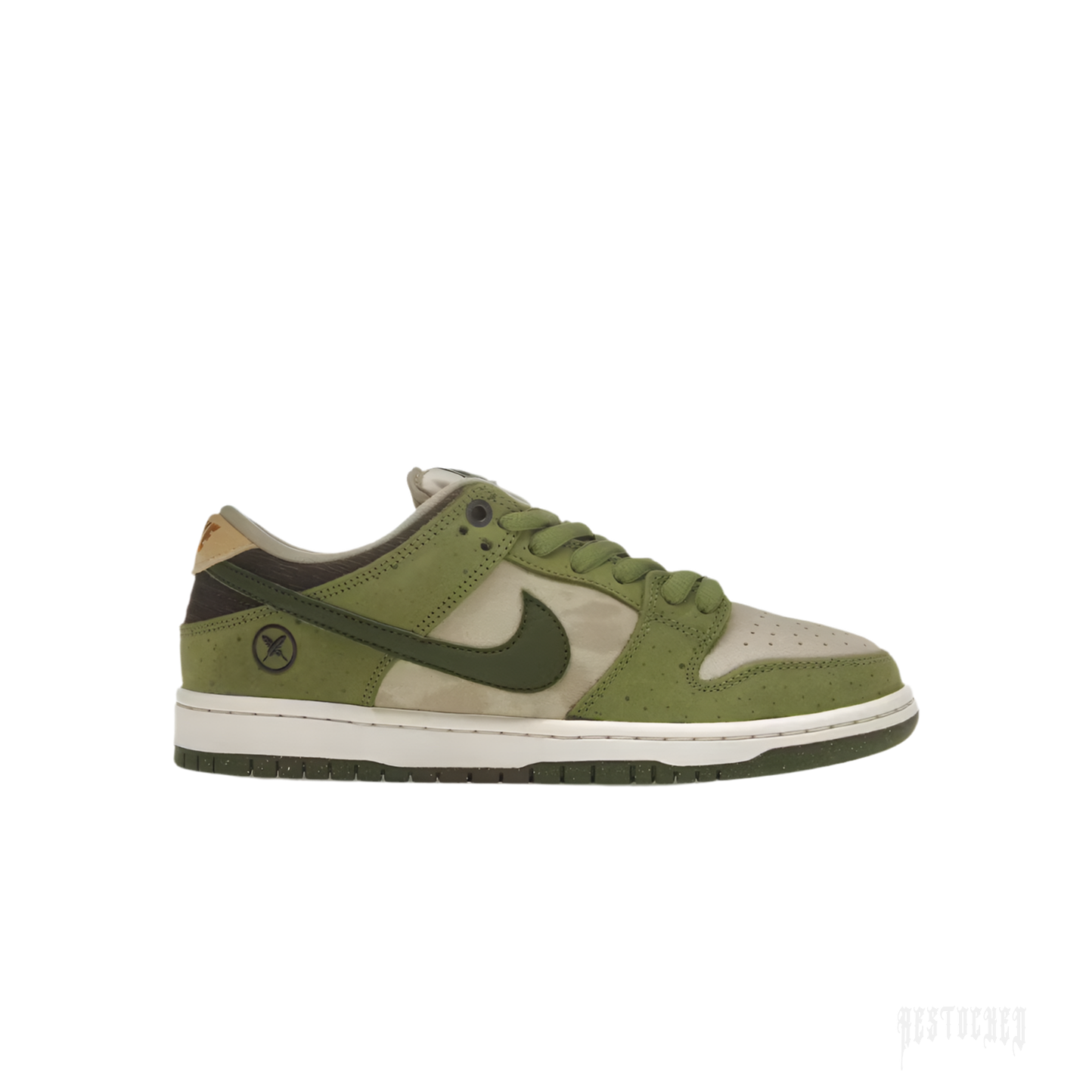 NIKE SB Dunk Low Yuto Horigome Matcha sneaker with olive green suede, tan leather, and dark green swoosh.