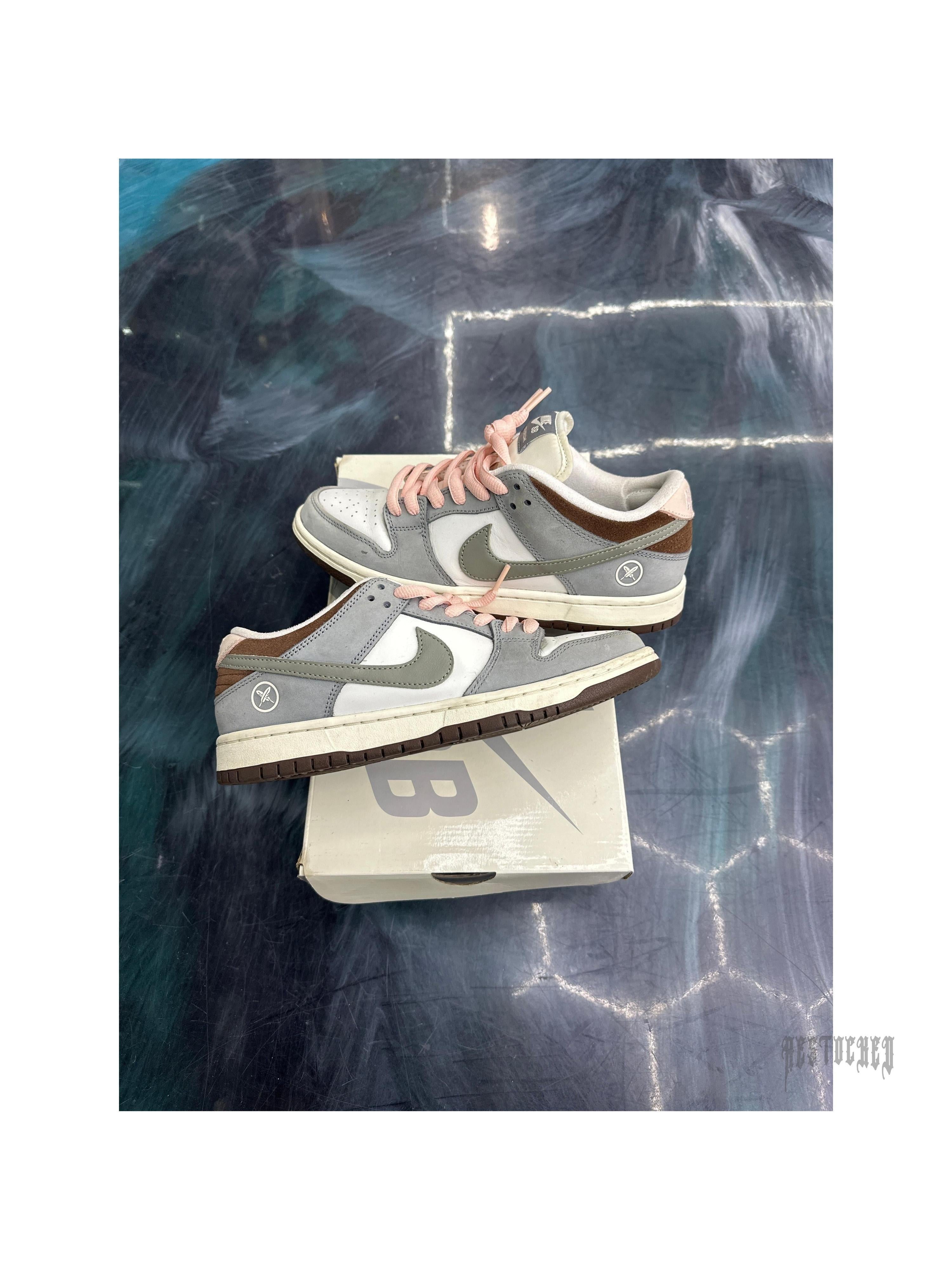 Pre-owned Nike SB Dunk Low Yuto Horigome, size 7.5, light grey and brown suede with white swoosh and pink laces.