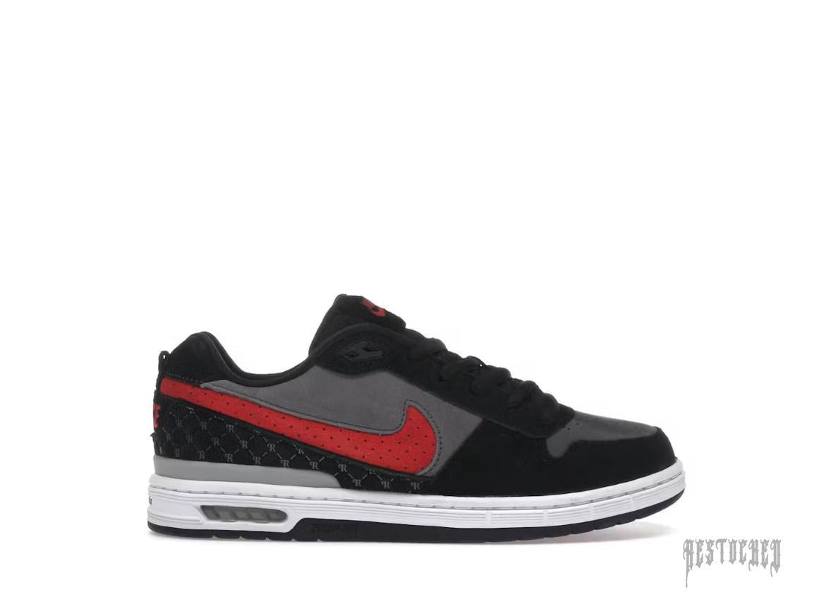 NIKE SB ZOOM AIR PAUL RODRÍGUEZ 1 OG BRED sneaker, black suede and leather with red swoosh and grey accents.