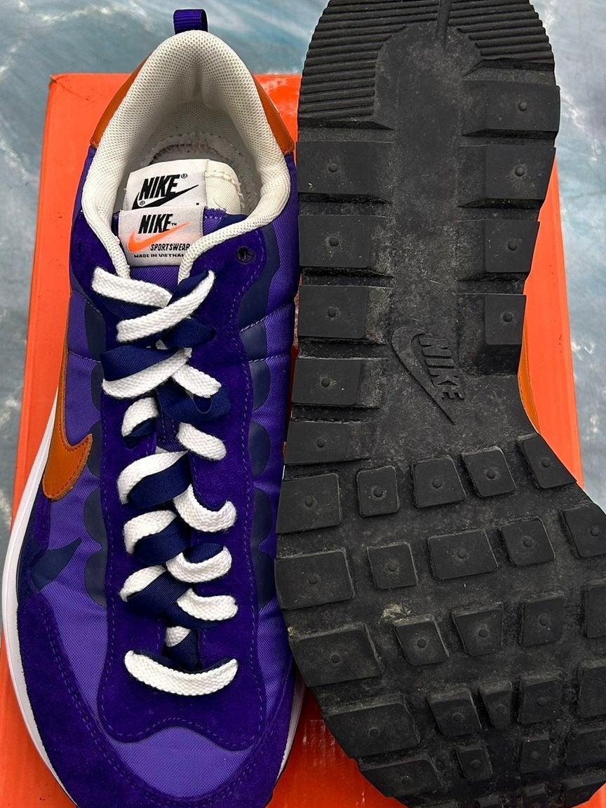 Pre-owned Nike Vaporwaffle Sacai Dark Iris size 11, purple suede and mesh upper, orange accents, white laces, worn black outsole.