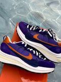 Pre-owned Nike Vaporwaffle Sacai Dark Iris size 11 sneakers with purple suede/mesh, orange swoosh, and white stacked sole.