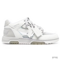 OFF-WHITE OOO Low Tops in grey and white with transparent panels, signature arrow, and zip tie.
