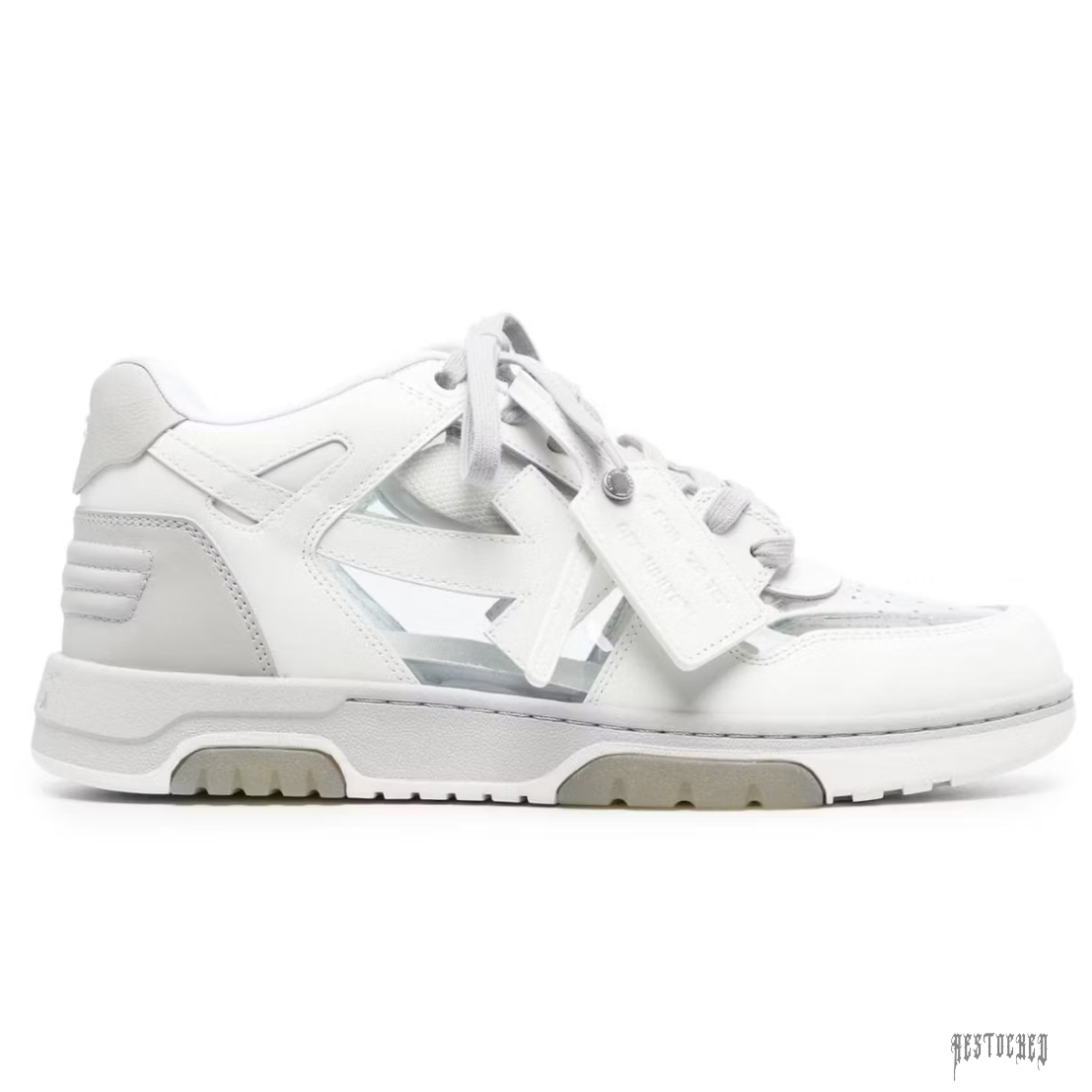 OFF-WHITE OOO Low Tops in grey and white with transparent panels, signature arrow, and zip tie.