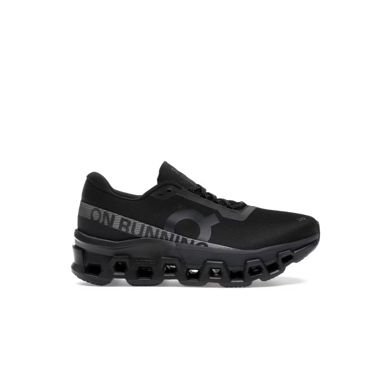 ON RUNNING CLOUDMONSTER 2 BLACK ECLIPSE running shoe, featuring a sleek black mesh upper and chunky black CloudTec sole.