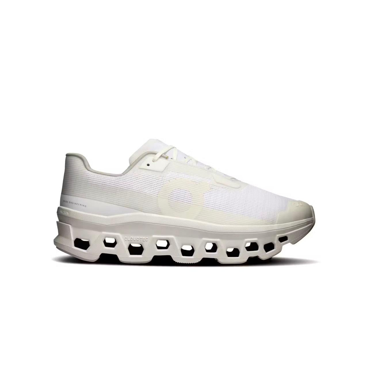 ON RUNNING Cloudmonster Void All White sneaker with mesh upper and large CloudTec sole.
