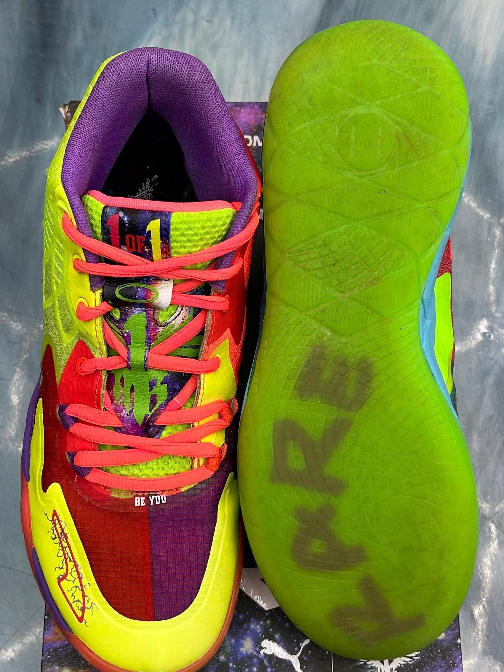 Pre-owned PUMA LaMelo Ball MB.01 "Be You" size 10 sneakers with vibrant multi-color design, neon green sole.