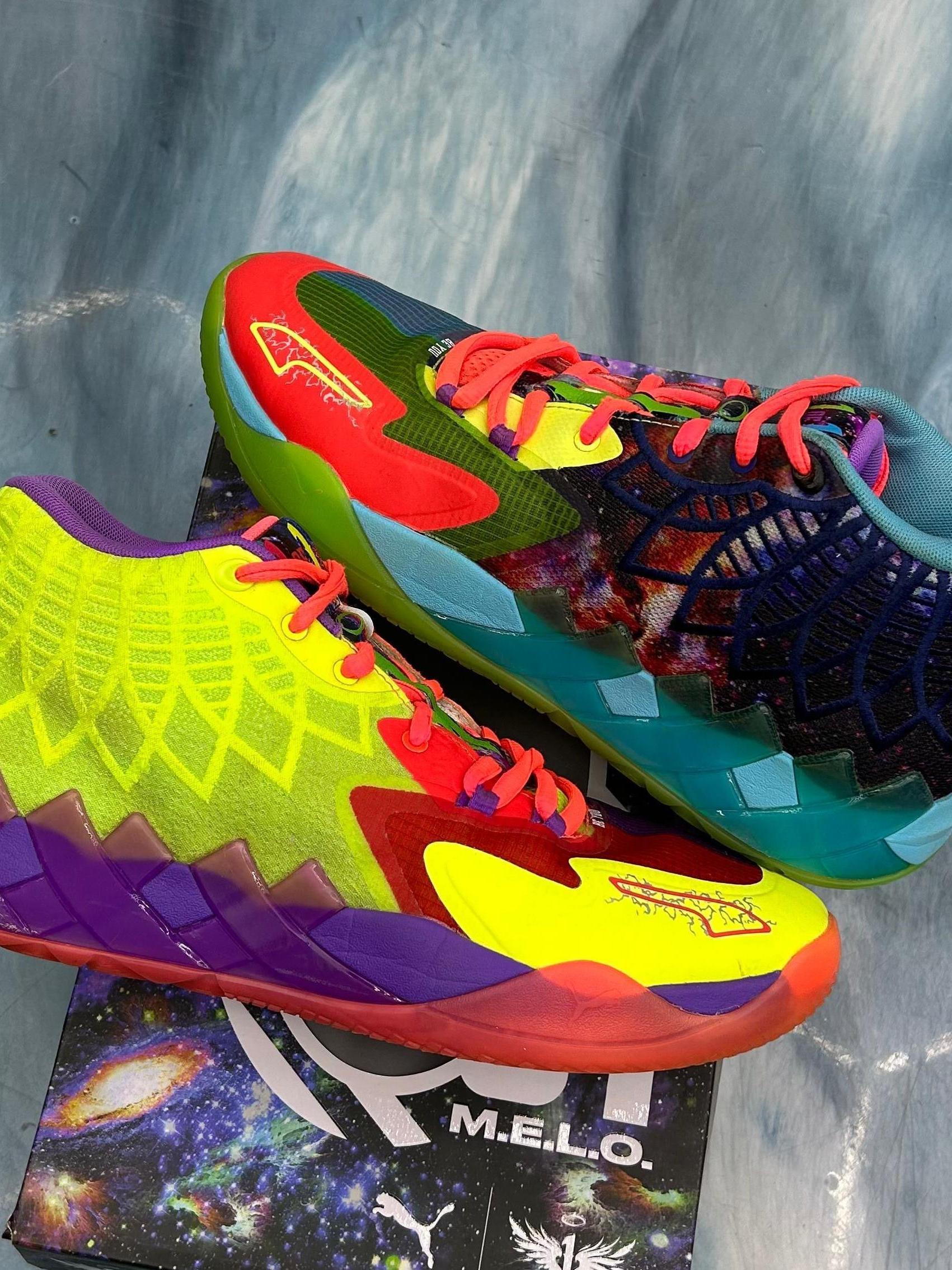 Pre-owned PUMA LaMelo Ball MB.01 Be You size 10 sneakers with vibrant multicolor design, mesh, and synthetic overlays.
