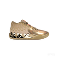 PUMA LaMelo Ball MB.01 Golden Child basketball shoe, metallic gold with textured upper and checkered sole.