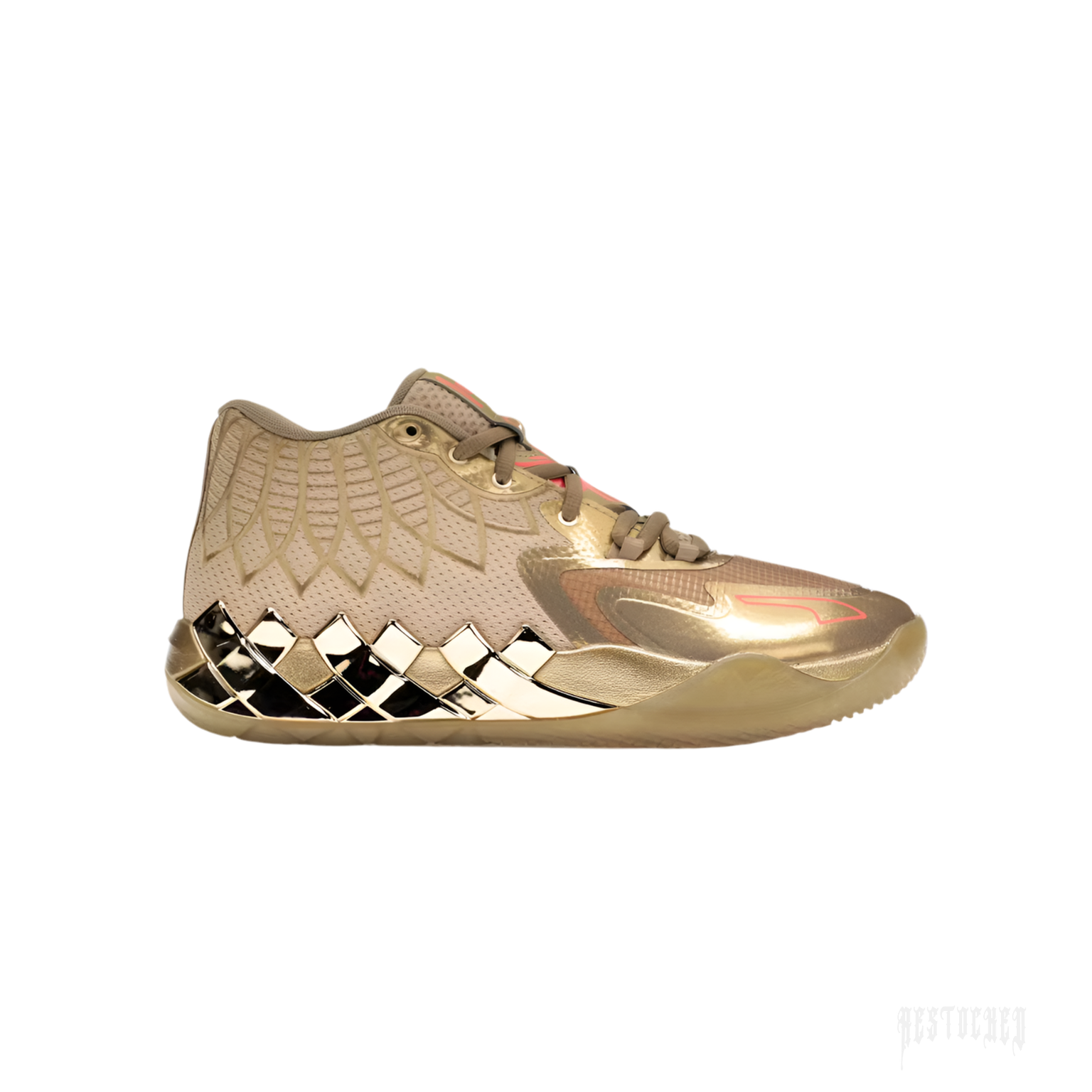 PUMA LaMelo Ball MB.01 Golden Child basketball shoe, metallic gold with textured upper and checkered sole.