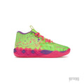 PUMA MB.01 Inverse Toxic basketball shoe, vibrant lime green with hot pink and purple accents.